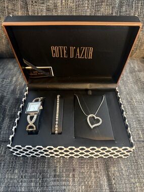 Cote D'Azur 3-Piece Gift Set: Watch, Tennis Bracelet & Heart Necklace NIB